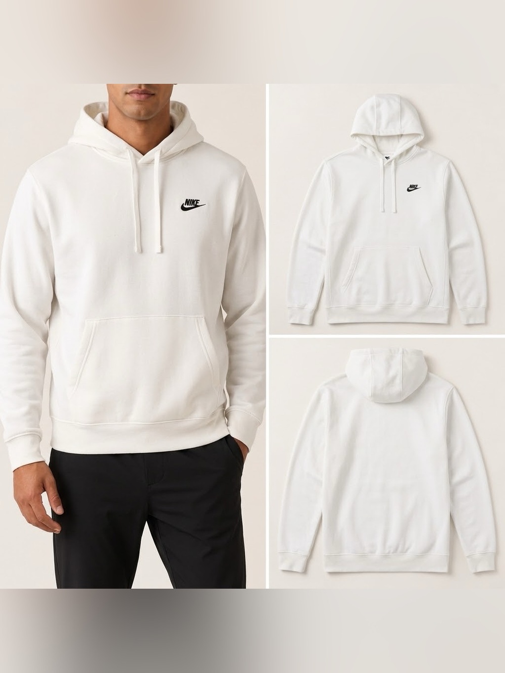 Nike Men’s XL Sportswear Club Fleece White Pullover Hoodie Black Logo